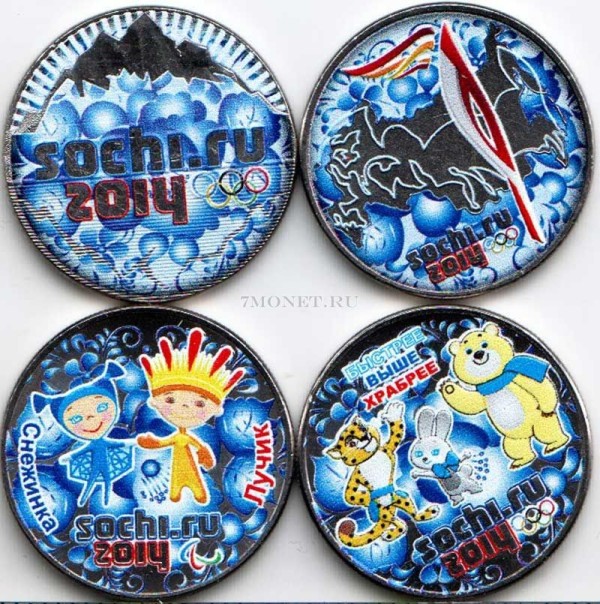 набор из 4-х монет 25 рублей 2014 года Олимпиада в Сочи. Гжель. Цветная эмаль. Неофициальный выпуск