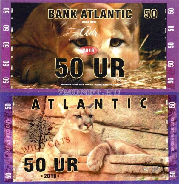 сувенирная банкнота Атлантика 50 ур 2016 год серия ДИКИЕ КОШКИ "Кугуар (пума)"