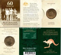 монета Австралия 1 доллар 2009 год 60 лет австралийскому гражданству в буклете