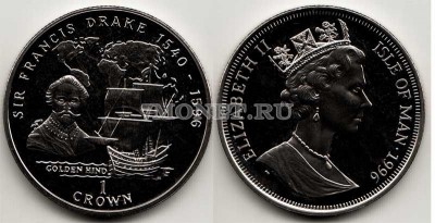 монета Остров Мэн 1 крона 1996 год Френсис Дрейк