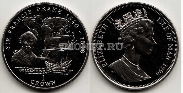 монета Остров Мэн 1 крона 1996 год Френсис Дрейк