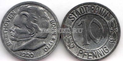 Нотгельд Германия 10 пфеннигов 1920 год Бонн, Бетховен