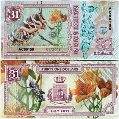 бона Индийский океан 31 доллар 2019 год Радужный кузнечик (Dactylotum bicolor)