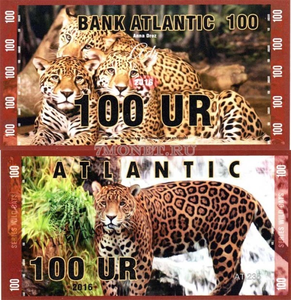 сувенирная банкнота Атлантика 100 ур 2016 год серия ДИКИЕ КОШКИ "Ягуар"