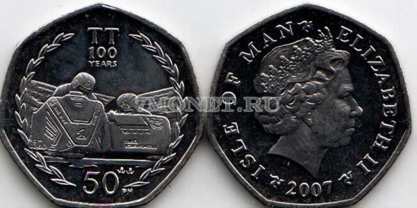 монета Остров Мэн 50 пенсов 2007 год 100-летие мотогонки ТТ на Острове Мэн