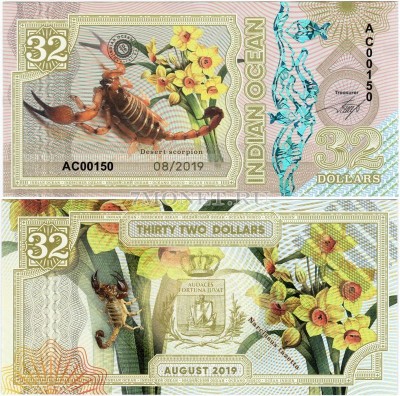 бона Индийский океан 32 доллара 2019 год Скорпион (Desert scorpion)