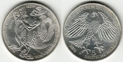 монета Германия 5 марок 1976 год 300 лет со дня смерти Ганса Якоба Кристоффеля фон Гриммельсгаузена