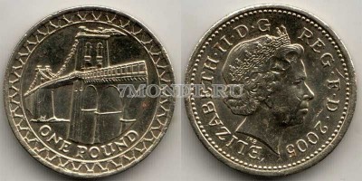 монета Великобритания 1 фунт 2005 год Висячий мост через Менай