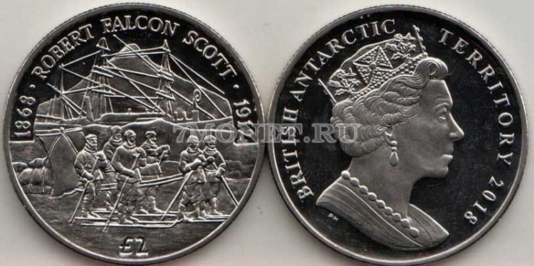 монета Британские антарктические территории 2 фунта 2018 год Роберт Фолкон Скотт - 150 лет со дня рождения