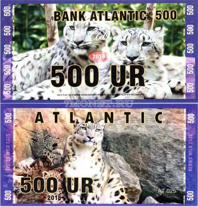 сувенирная банкнота Атлантика 500 ур 2016 год серия ДИКИЕ КОШКИ "Снежный...
