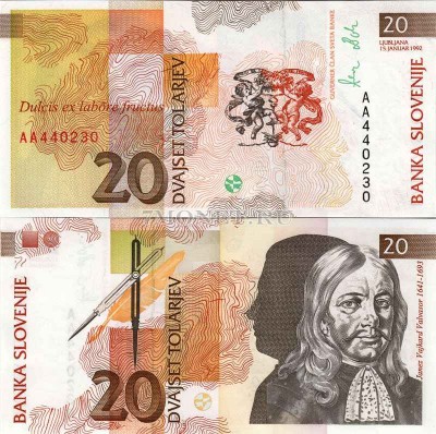 бона Словения 20 толаров 1992 год Янез Вайкард Вальвазор