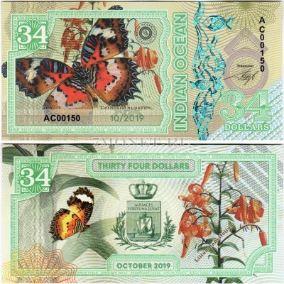 бона Индийский океан 34 доллара 2019 год Бабочка Нимфалида (Cethosia hypsea)