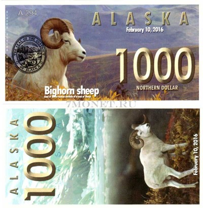 сувенирная банкнота Аляска 1000 северных долларов 2016 год