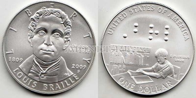 монета США 1 доллар 2009 год 200 лет со дня рождения Луи Брайля UNC