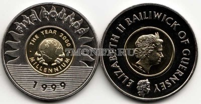 монета Гернси 5 фунтов 1999 год миллениум биметалл