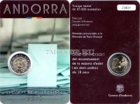 монета Андорра 2 евро 2015 год  30-летие принятия возраста совершеннолетия в 18 лет, в блистере