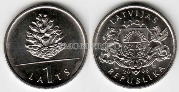 монета Латвия 1 лат 2006 год шишка