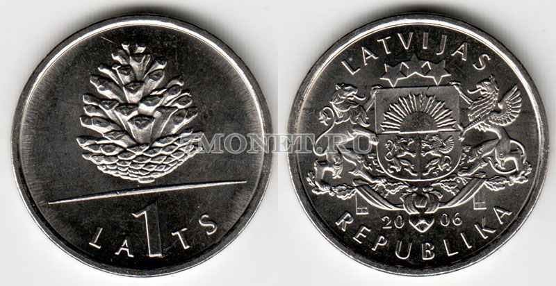 монета Латвия 1 лат 2006 год шишка