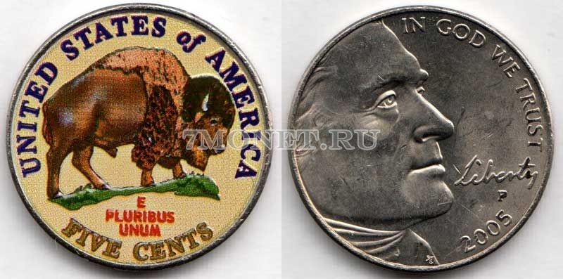 монета США 5 центов 2004 год Бизон, эмаль