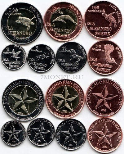 Остров Александра Селкирка набор из 7-ми монетовидных жетонов 2014 год фауна