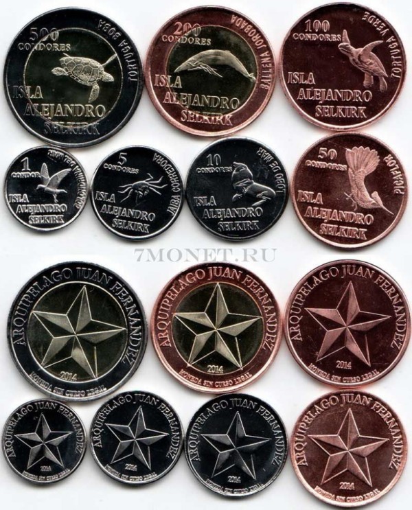 Остров Александра Селкирка набор из 7-ми монетовидных жетонов 2014 год фауна