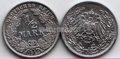 монета Германия 1/2 марки 1912F год Вильгельм II