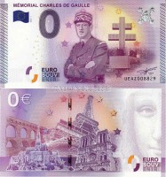 0 евро 2015 год сувенирная банкнота. Мемориал Шарля де Голля в Коломбэ-ле-Дез-Эглиз