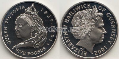 монета Гернси 5 фунтов 2001 год 100 лет со дня смерти Королевы Виктории
