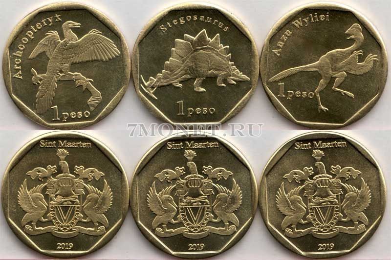 Остров Святого Мартина набор из 3-х монет 1 песо 2019 год Динозавры
