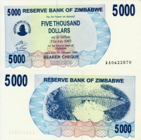 бона Зимбабве 5000 долларов 2007 год Плотина Кариба
