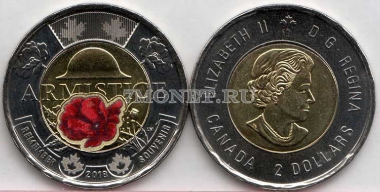 монета Канада 2 доллара 2018 год 100 лет со дня окончания Первой Мировой войны, цветное покрытие