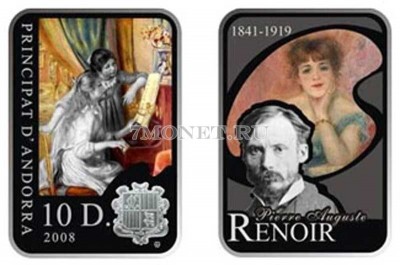 монета Андорра 10 динар 2008 год PROOF Пьер Огюст Ренуар из серии «Мировые ху...