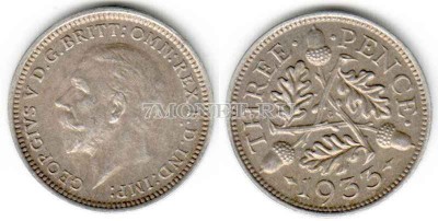 монета Великобритания 3 пенса 1933 год Георг V