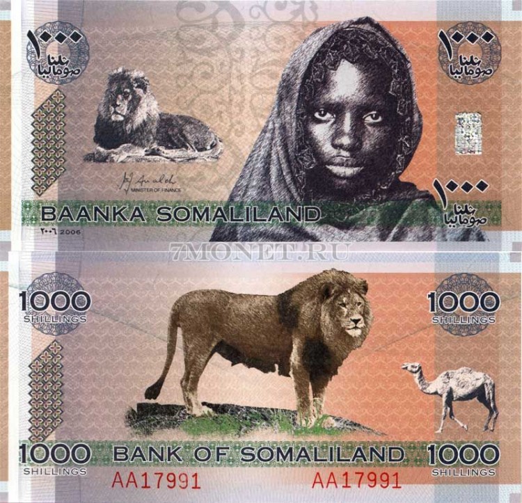 банкнота Сомалиленд 1000 шиллингов 2006 год Лев