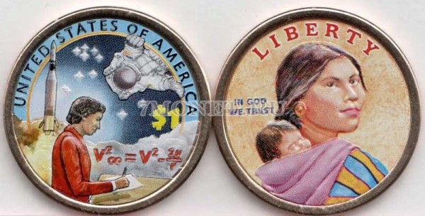 монета США 1 доллар 2019 год Сакагавея, серия Американские индейцы в космической программе США - Мэри Голда Росс, эмаль