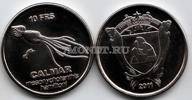 монета Французские антарктические территории 10 франков 2011 год  Колоссальный кальмар или мезонихотевтис
