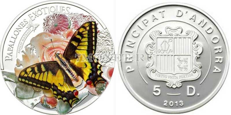 монета Андорра 5 динар 2013 год Бабочка Махаон 3D (PROOF)