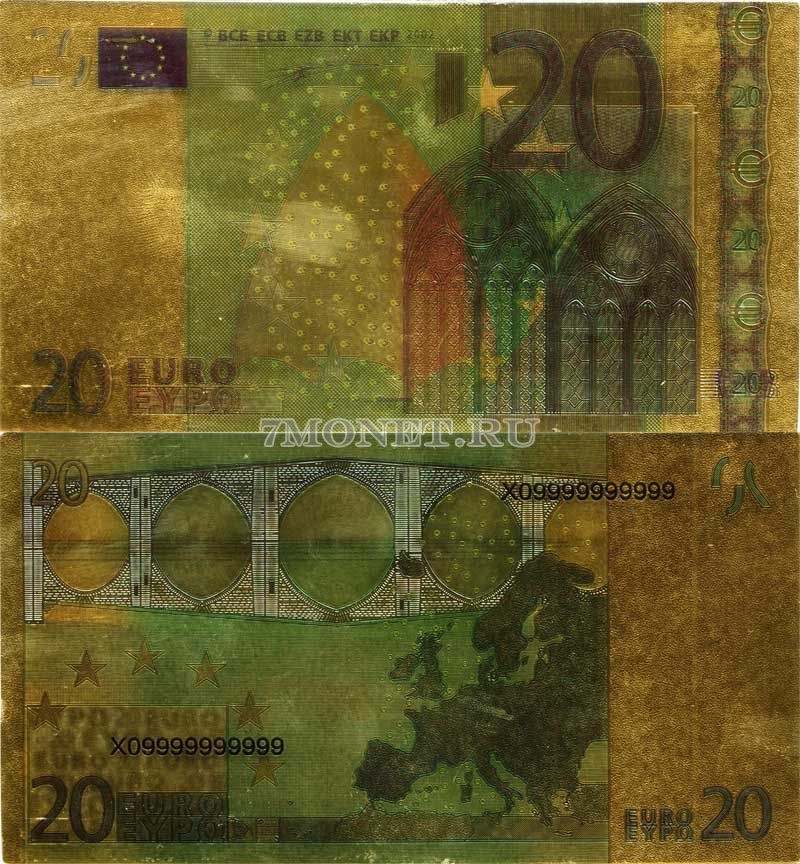 20 евро 2002 года сувенирная банкнота, металлизированный пластик