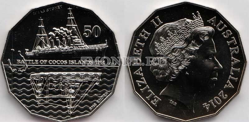 монета Австралия 50 центов 2014 год Битва у Кокосовых островов