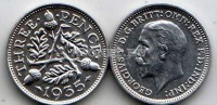 монета Великобритания 3 пенса 1935 год Георг V