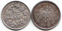 монета Германия 1/2 марки 1918F год Вильгельм II