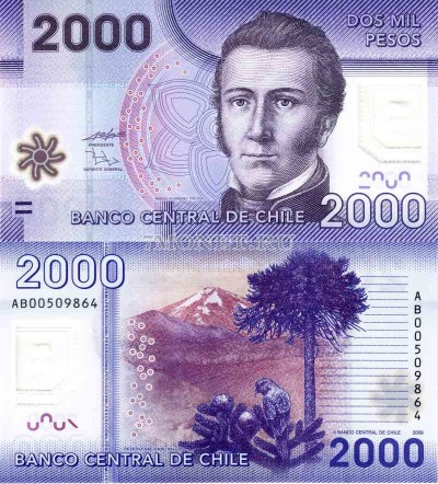 бона Чили 2000 песо 2009 год пластик