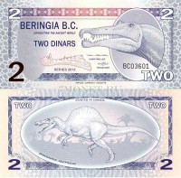 банкнота Берингия 2 динара 2012 год  Египетский спинозавр, пластик