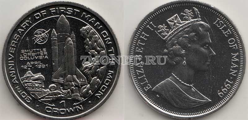 монета Остров Мэн 1 крона 1999 год 30 лет первому полету человека на Луну