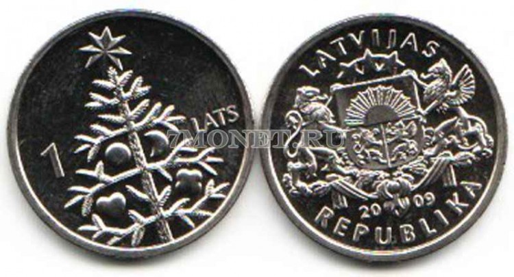 монета Латвия 1 лат 2009 год елка