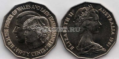 монета Австралия 50 центов 1981 год Свадьба принца Чарльза и леди Дианы