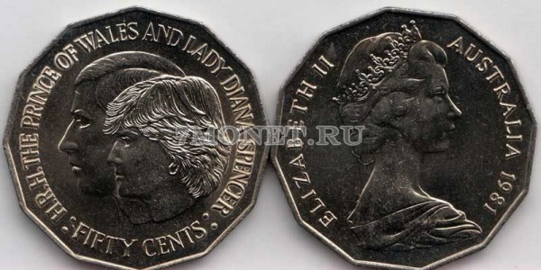 монета Австралия 50 центов 1981 год Свадьба принца Чарльза и леди Дианы