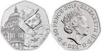 монета Великобритания 50 пенсов 2019 год 60 лет Медвежонку Паддингтону - Паддингтон у Собора Святого Павла