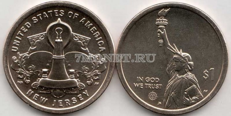 монета США 1 доллар 2019D год, серия Инновации США - Лампа накаливания Томаса Эдисона