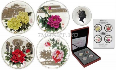 Острова Кука набор из 4-х монет 1 доллар 2008 год Пионы. Цветы небесной красоты.